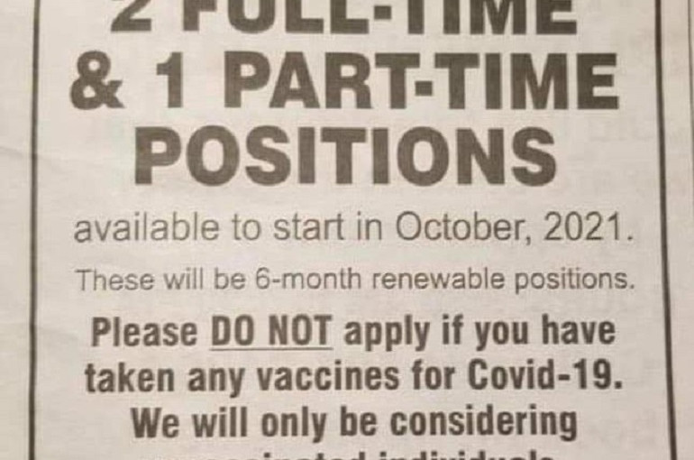 小店招聘廣告列明只請沒打疫苗者惹議  店主堅稱有權選擇