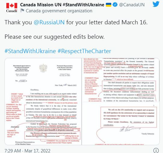 俄羅斯發信予聯合國 加拿大駐聯合國代表團作出評論