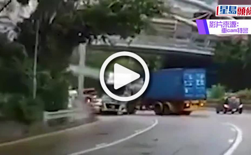 (視頻)4車串燒｜貨櫃車落橋疑收掣不及肇禍 兩警員被困受傷送院