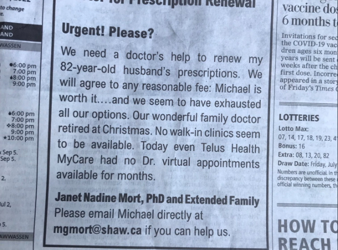 丈夫要續配處方藥 卑詩省妻子在報章刊登廣告 尋求家庭醫生