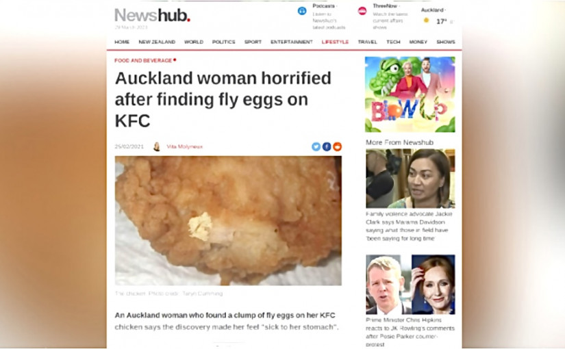 新西蘭情侶買KFC炸雞驚現不明白色粒粒 上網一查竟係烏蠅卵