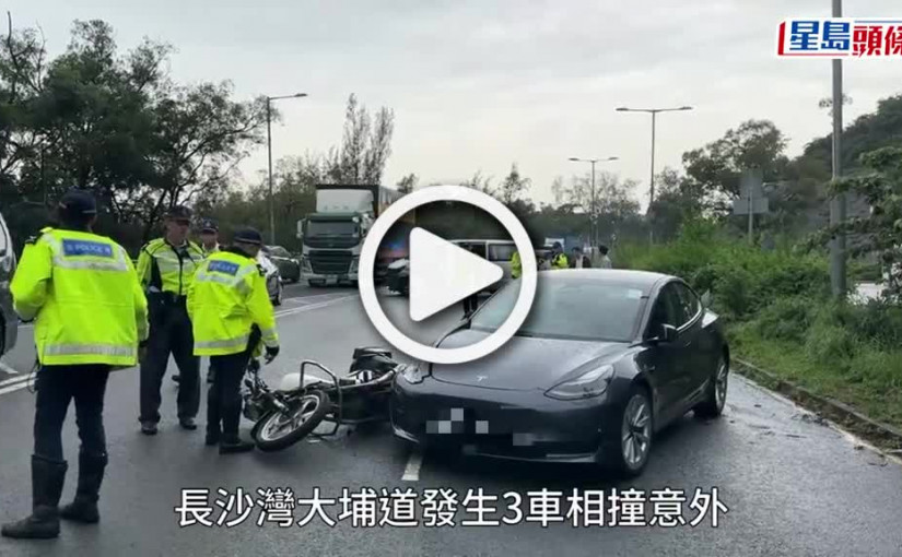 (視頻)大埔道貨Van疑失控越線釀3車相撞 Tesla女司機與鐵騎士受傷